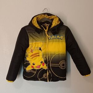 Pokemon Pikachu Kids Winter  Zip Up Puffer Jacket - Black and Yellow SZ 7-8